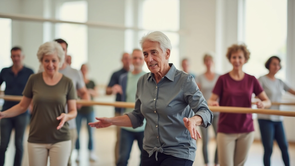 Community dance workshop classroom with seniors learning together