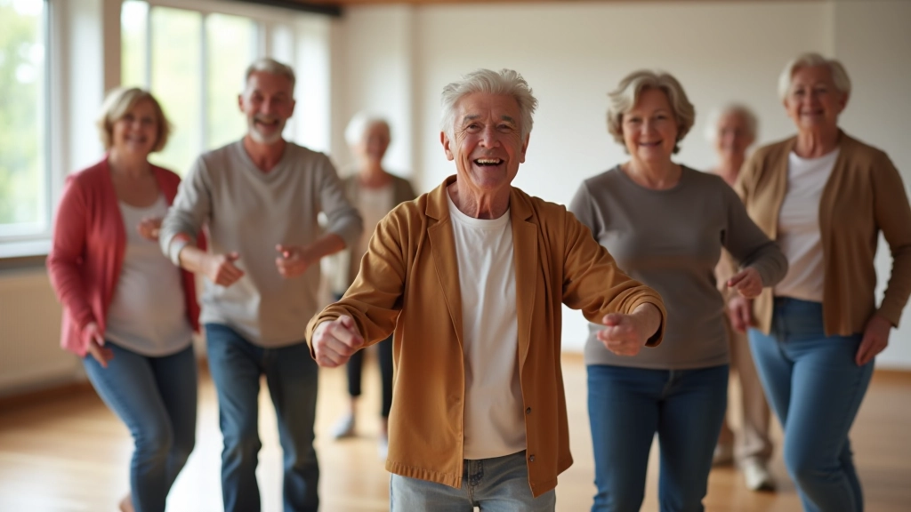 Seniors enjoying a dance class together in a bright studio space
