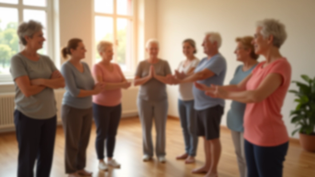 Diverse group of adult dancers in a studio circle, stretching and warming up before class