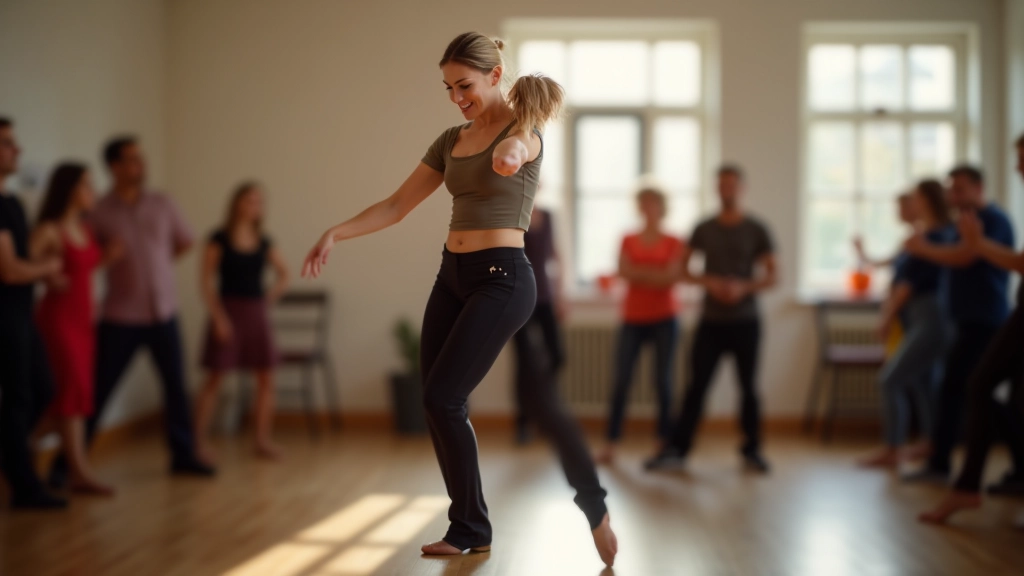 Dance instructor demonstrating footwork technique to attentive students in a bright, professional studio