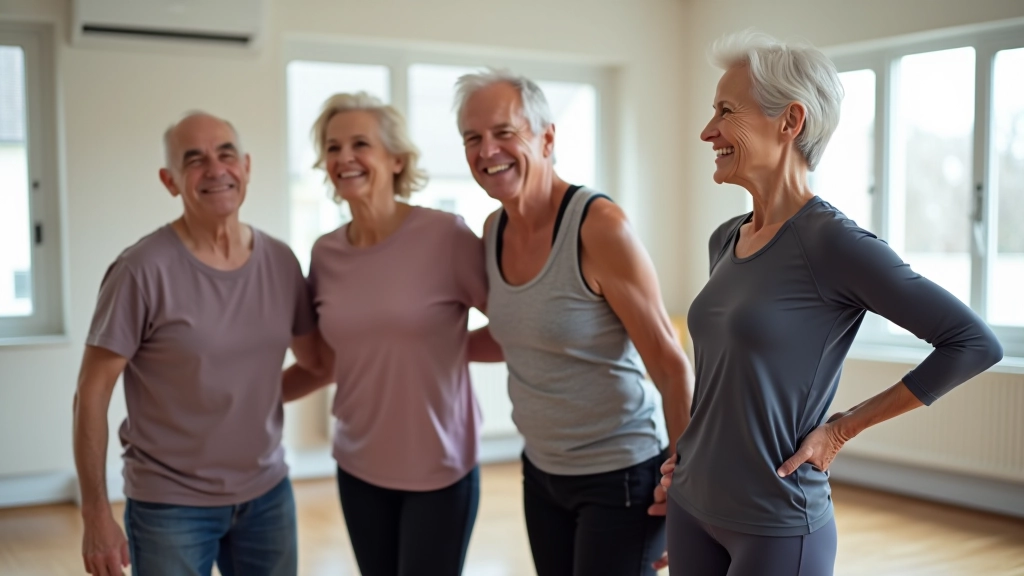 Group of happy seniors smiling together after a successful dance class, standing in studio