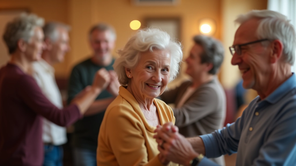 Group of retirees enjoying a bachata social dance event in a community center