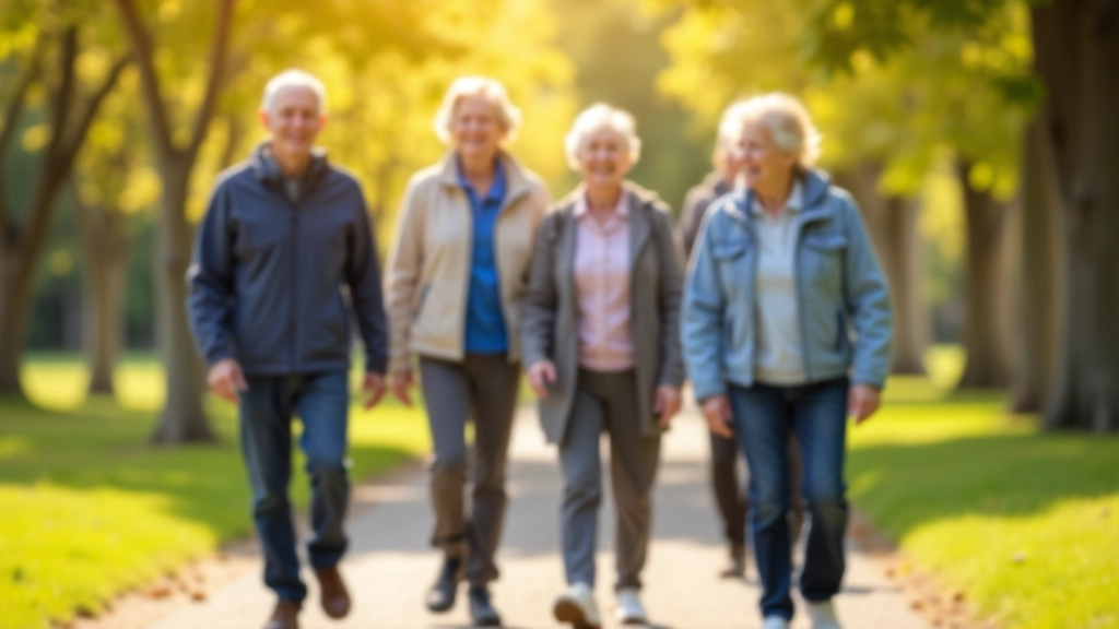Seniors walking together on a tree-lined path during a morning walk group