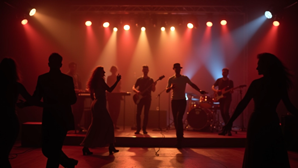 Musicians performing live salsa music at an indoor dance venue with couples dancing in the background