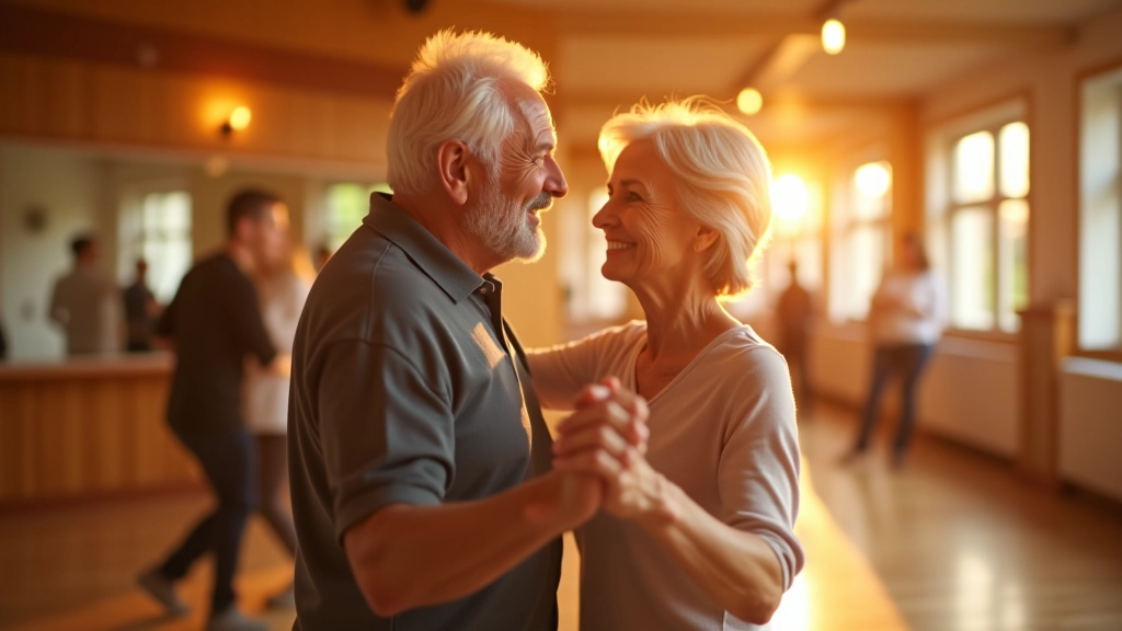 Two seniors smiling while dancing together in a bright studio environment