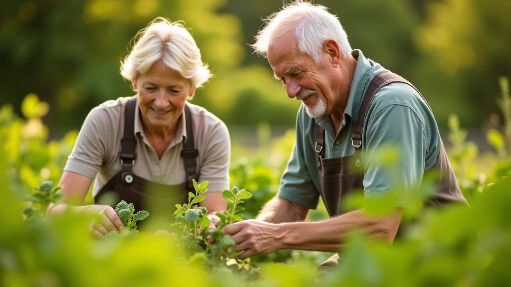 Seniors harvesting vegetables together in a community garden on a sunny day