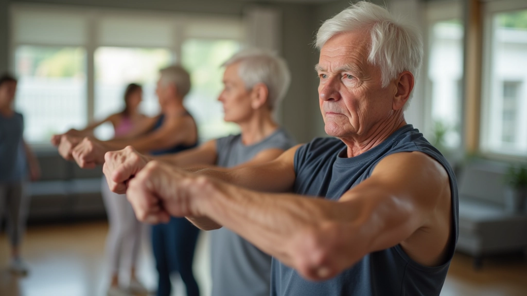 Fitness class with seniors doing gentle strength training exercises