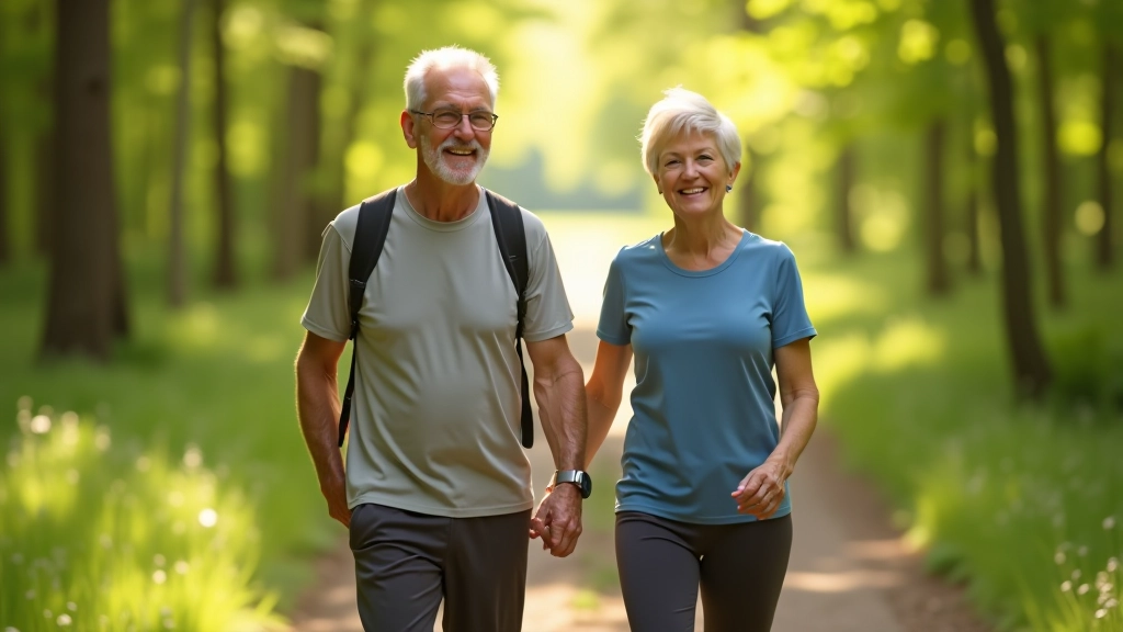 Diverse group of seniors walking together on a scenic woodland trail, smiling and chatting