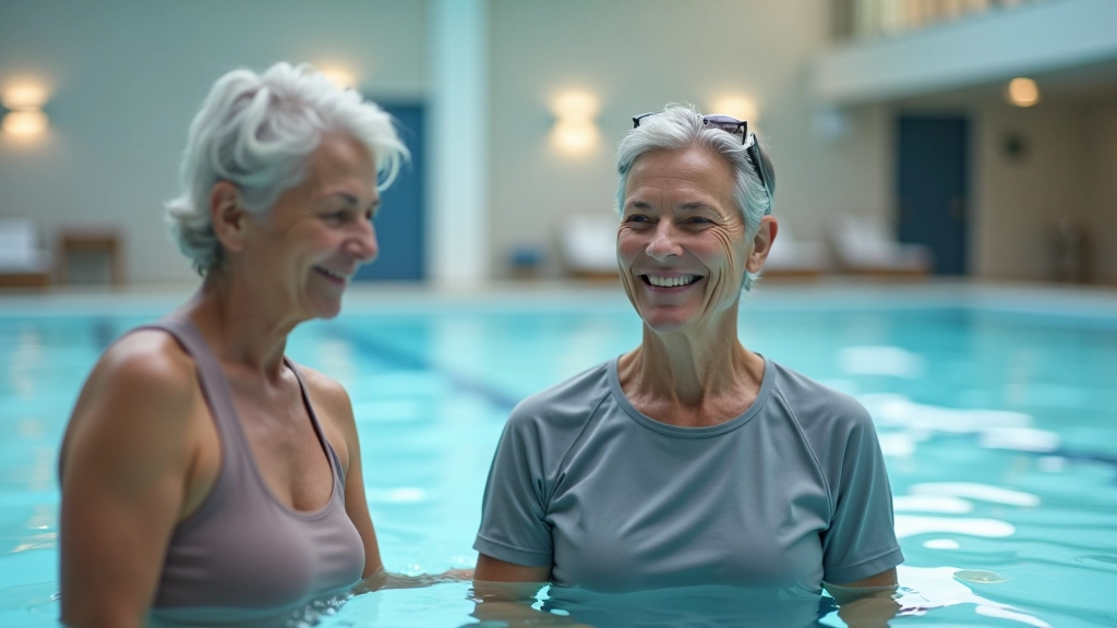 Swimming instructor working with seniors in a warm water pool session