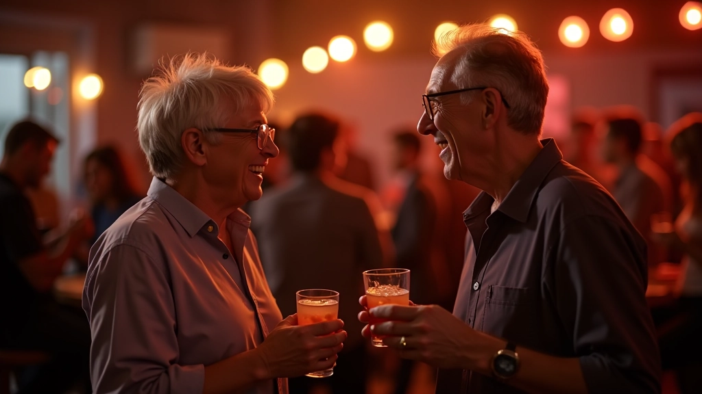 Diverse group of adults laughing and socializing at a casual dance event, holding drinks and chatting near the dance floor